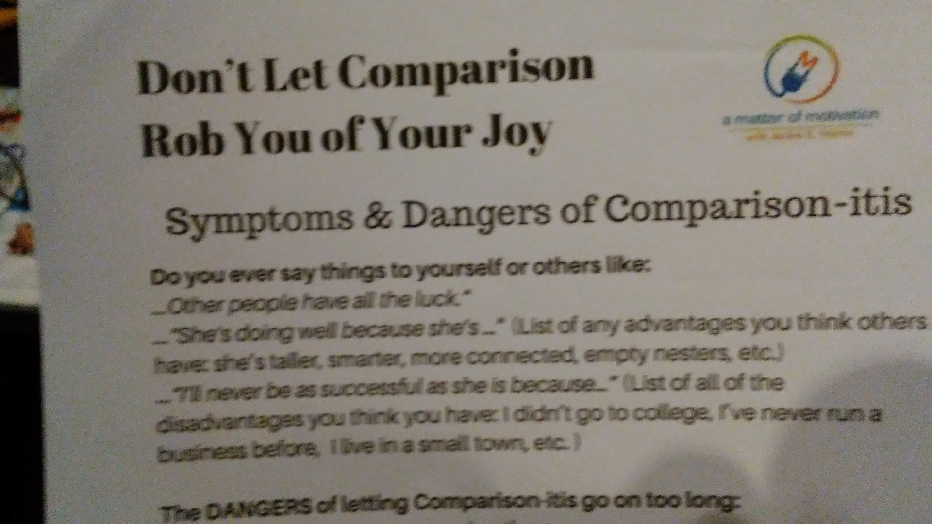 A presentation page reading Don't Let Comparison Rob You of Your Joy