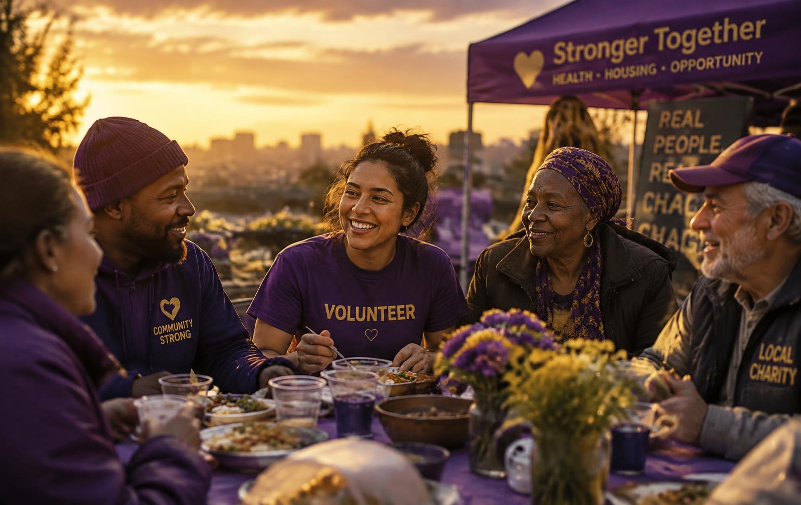 Charity volunteers sharing a meal together at golden hour